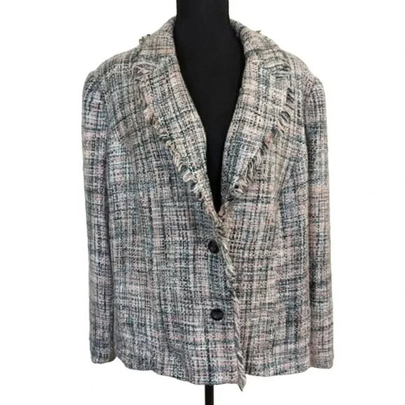 Tara Jones Tweed Blazer Fringe Edges Pink Gray White Black Plaid 18 - Picture 1 of 7